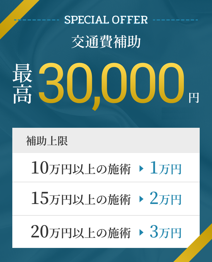 交通費補助:最高¥30,000まで補助。補助上限額:10万円以上の施術は1万円。15万円以上の施術は2万円。20万円以上の施術は3万円。